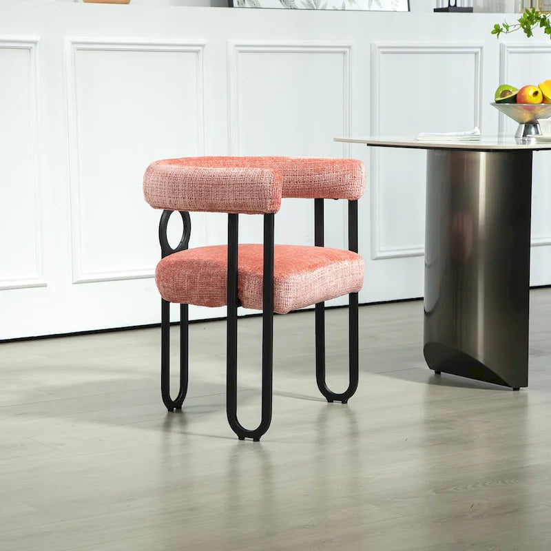 Upholstered Barrel Accent Chair with Black Iron Frame