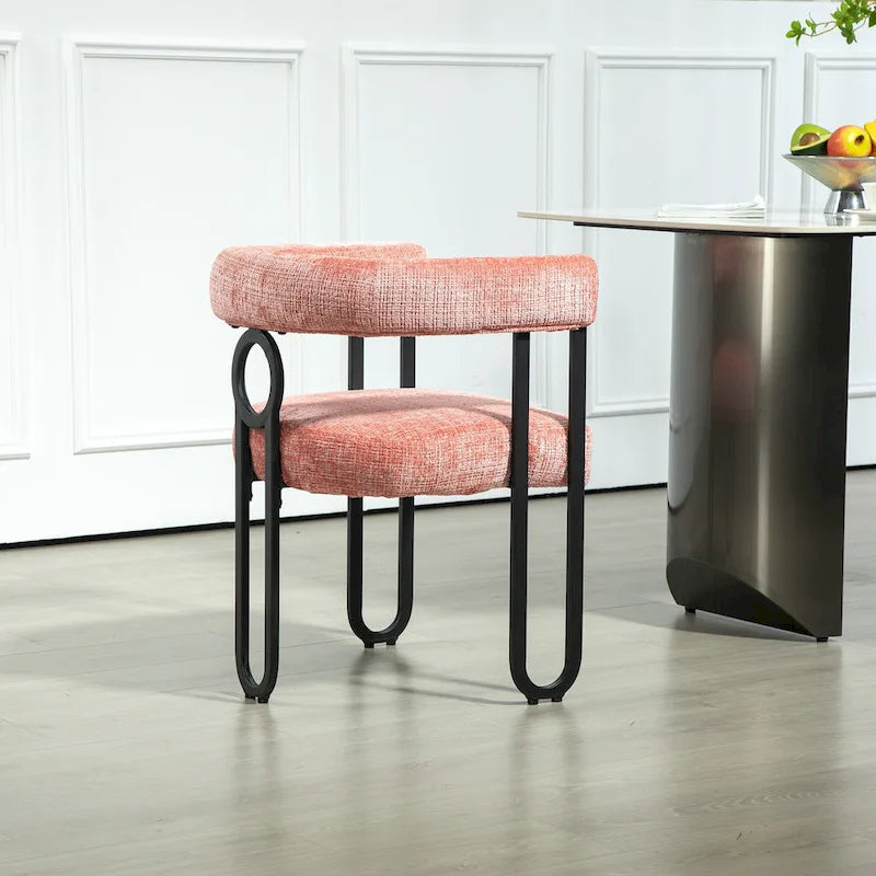 Upholstered Barrel Accent Chair with Black Iron Frame