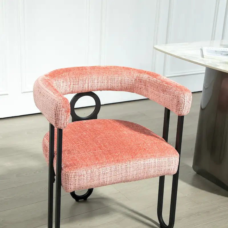Upholstered Barrel Accent Chair with Black Iron Frame