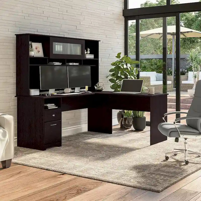 72-Inch L-Shaped Computer Desk with Hutch, File Drawer and Built-In Wire Management