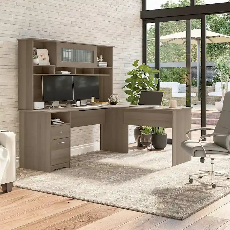 72-Inch L-Shaped Computer Desk with Hutch, File Drawer and Built-In Wire Management