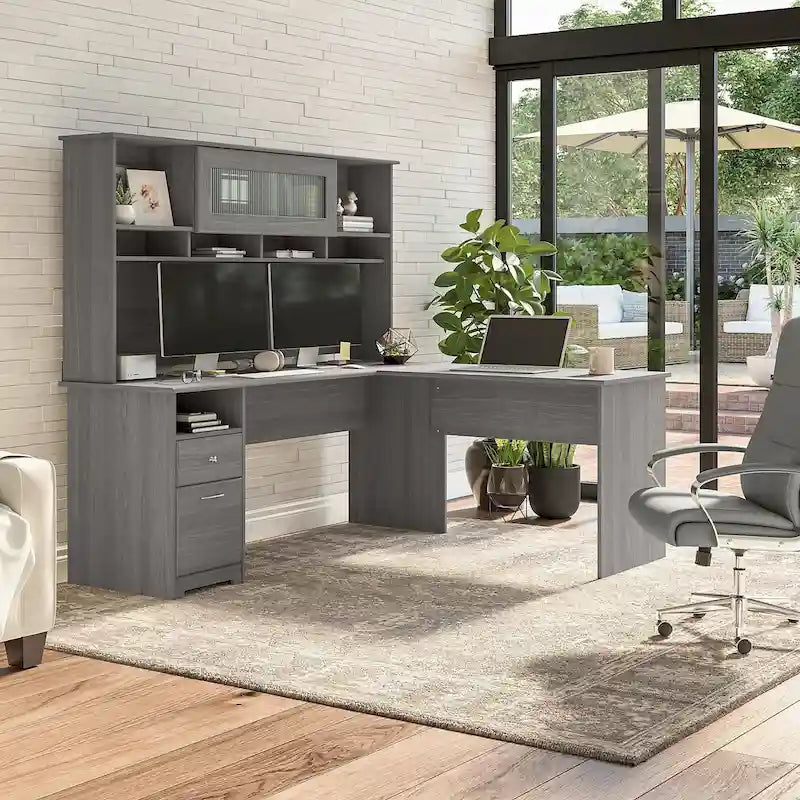 72-Inch L-Shaped Computer Desk with Hutch, File Drawer and Built-In Wire Management