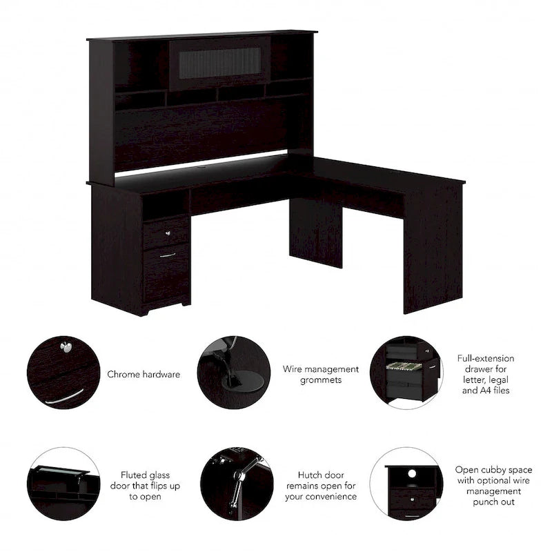 72-Inch L-Shaped Computer Desk with Hutch, File Drawer and Built-In Wire Management