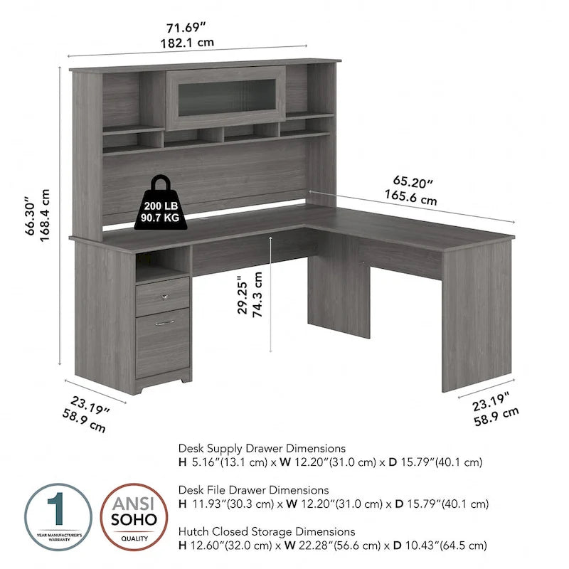 72-Inch L-Shaped Computer Desk with Hutch, File Drawer and Built-In Wire Management
