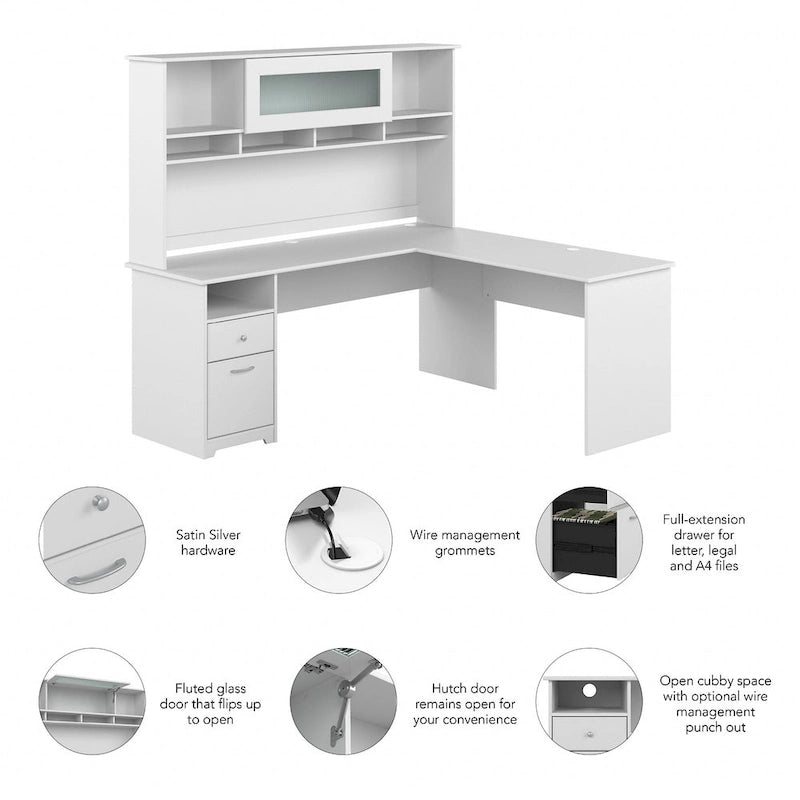 72-Inch L-Shaped Computer Desk with Hutch, File Drawer and Built-In Wire Management