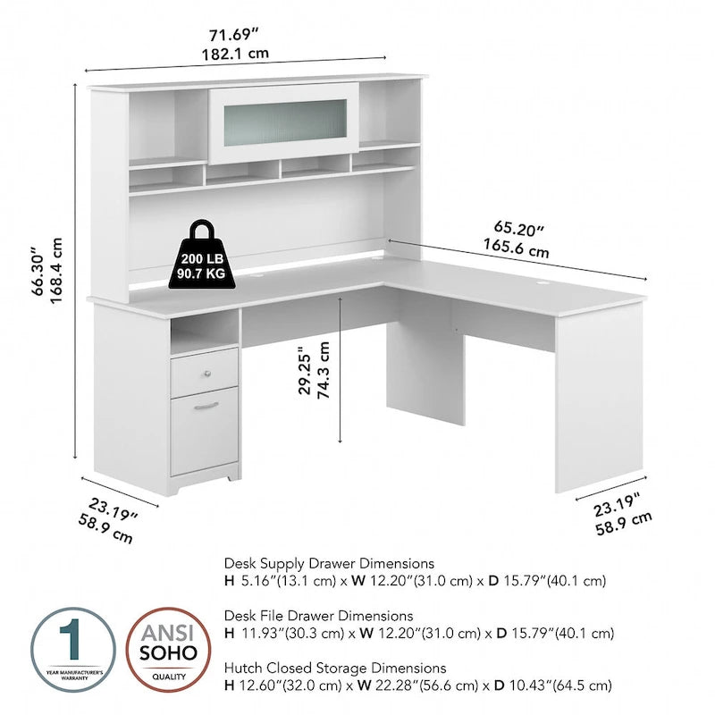 72-Inch L-Shaped Computer Desk with Hutch, File Drawer and Built-In Wire Management