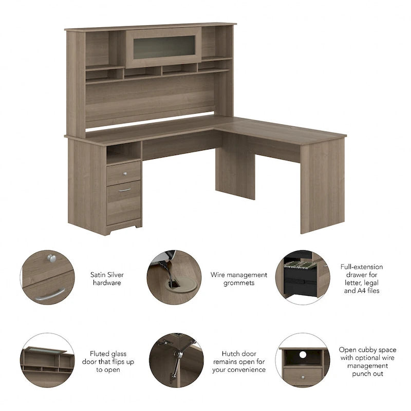 72-Inch L-Shaped Computer Desk with Hutch, File Drawer and Built-In Wire Management