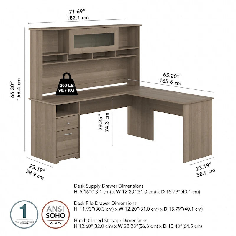 72-Inch L-Shaped Computer Desk with Hutch, File Drawer and Built-In Wire Management