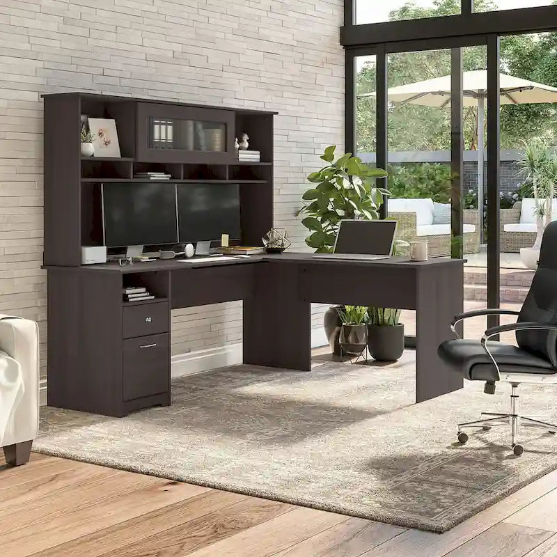 72-Inch L-Shaped Computer Desk with Hutch, File Drawer and Built-In Wire Management