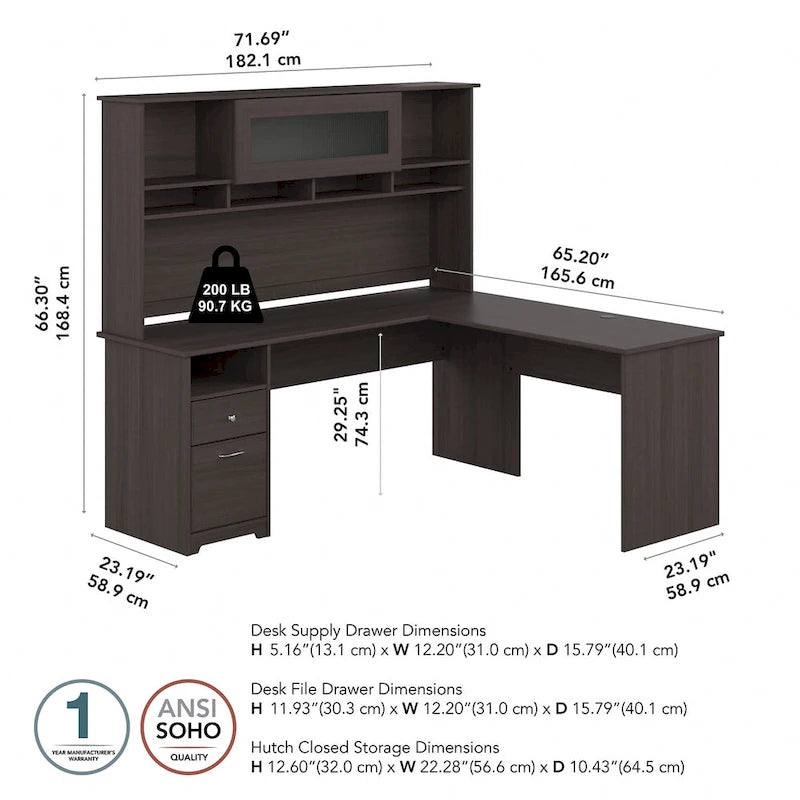 72-Inch L-Shaped Computer Desk with Hutch, File Drawer and Built-In Wire Management