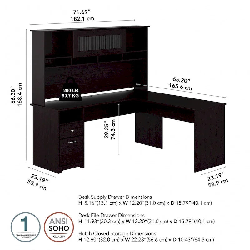 72-Inch L-Shaped Computer Desk with Hutch, File Drawer and Built-In Wire Management