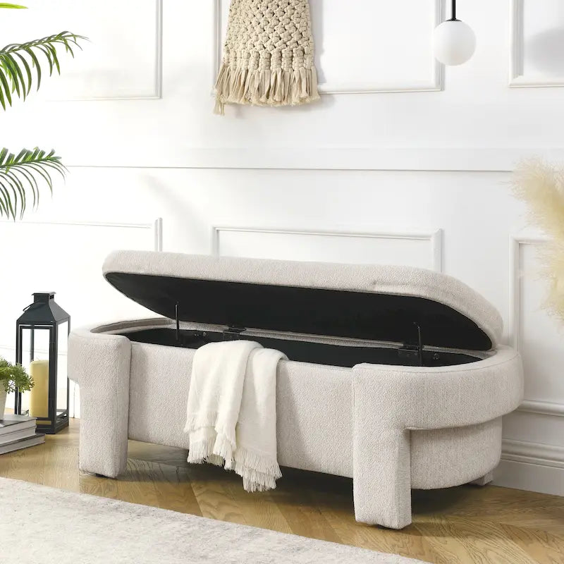 Chenille Upholstered Storage Bench with Turned Legs & Foam-Filled Seat