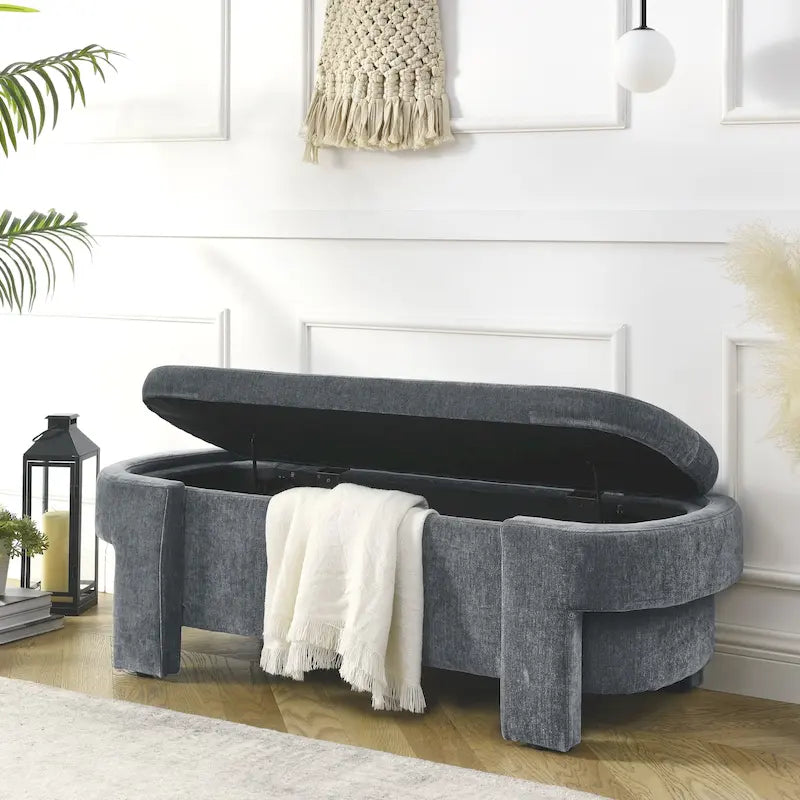 Chenille Upholstered Storage Bench with Turned Legs & Foam-Filled Seat