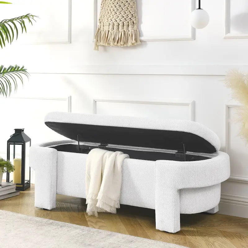 Chenille Upholstered Storage Bench with Turned Legs & Foam-Filled Seat