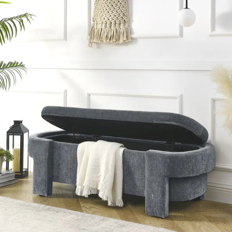 Chenille Upholstered Storage Bench with Turned Legs & Foam-Filled Seat