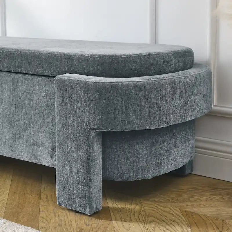 Chenille Upholstered Storage Bench with Turned Legs & Foam-Filled Seat