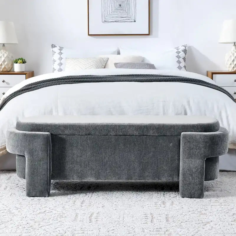 Chenille Upholstered Storage Bench with Turned Legs & Foam-Filled Seat