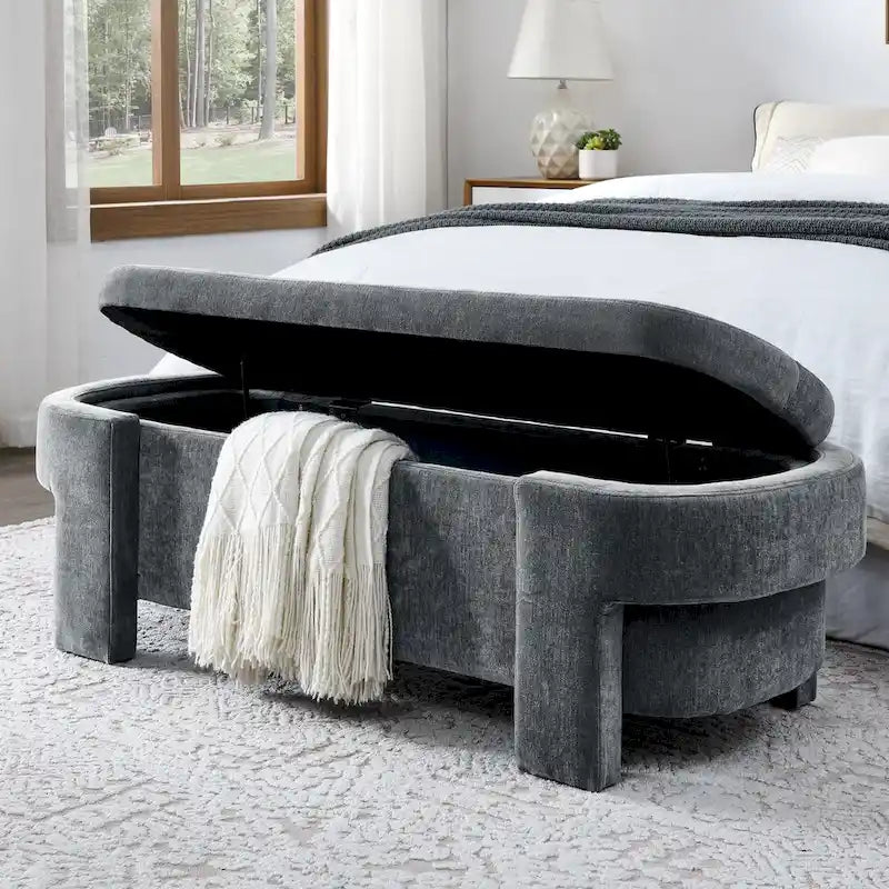 Chenille Upholstered Storage Bench with Turned Legs & Foam-Filled Seat