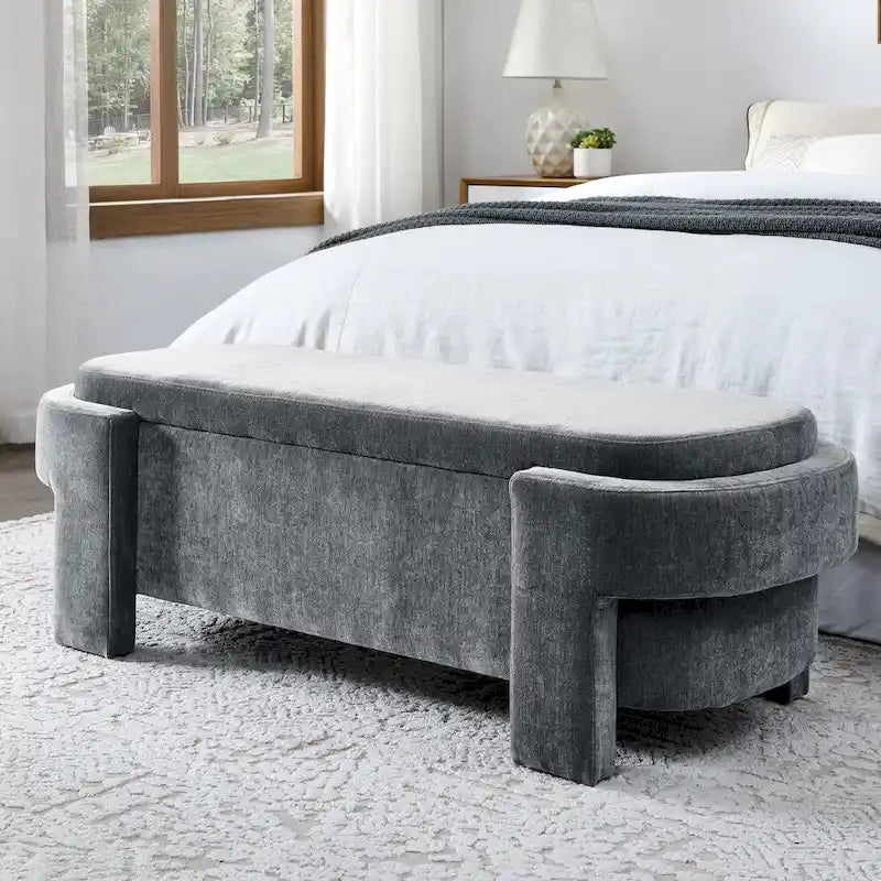 Chenille Upholstered Storage Bench with Turned Legs & Foam-Filled Seat