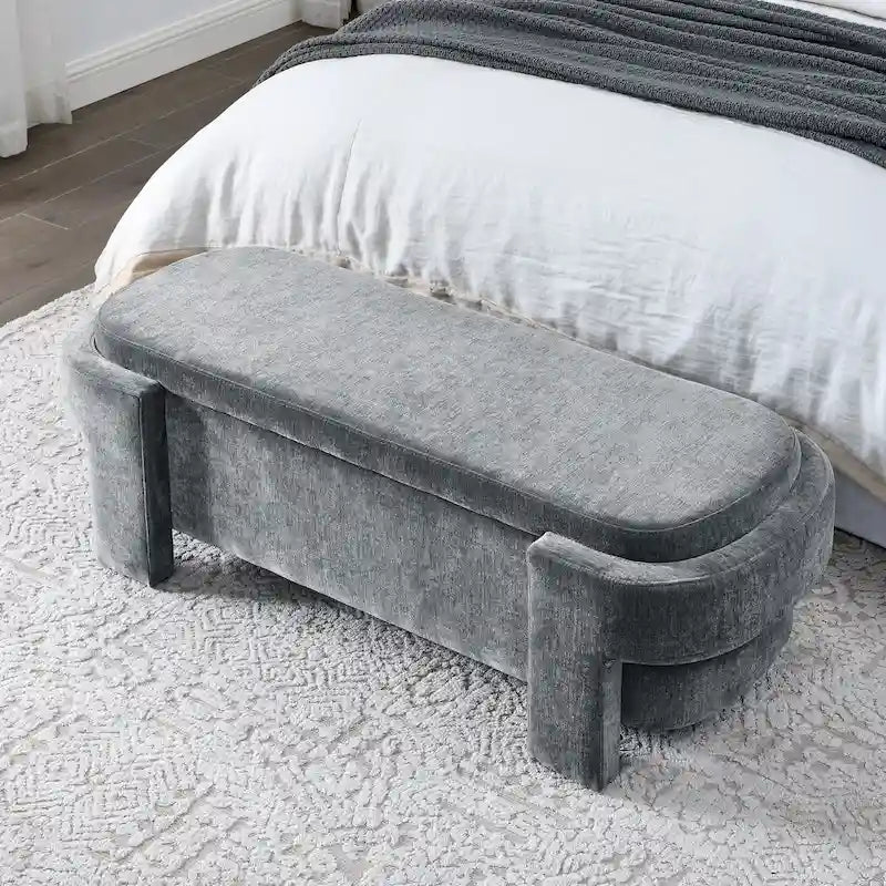 Chenille Upholstered Storage Bench with Turned Legs & Foam-Filled Seat
