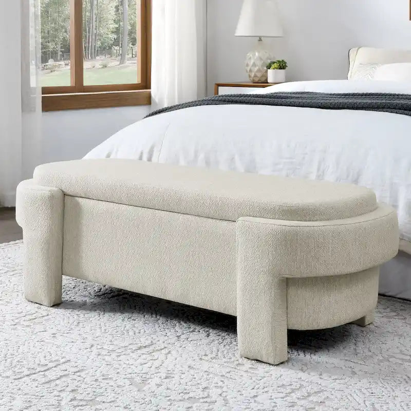 Chenille Upholstered Storage Bench with Turned Legs & Foam-Filled Seat