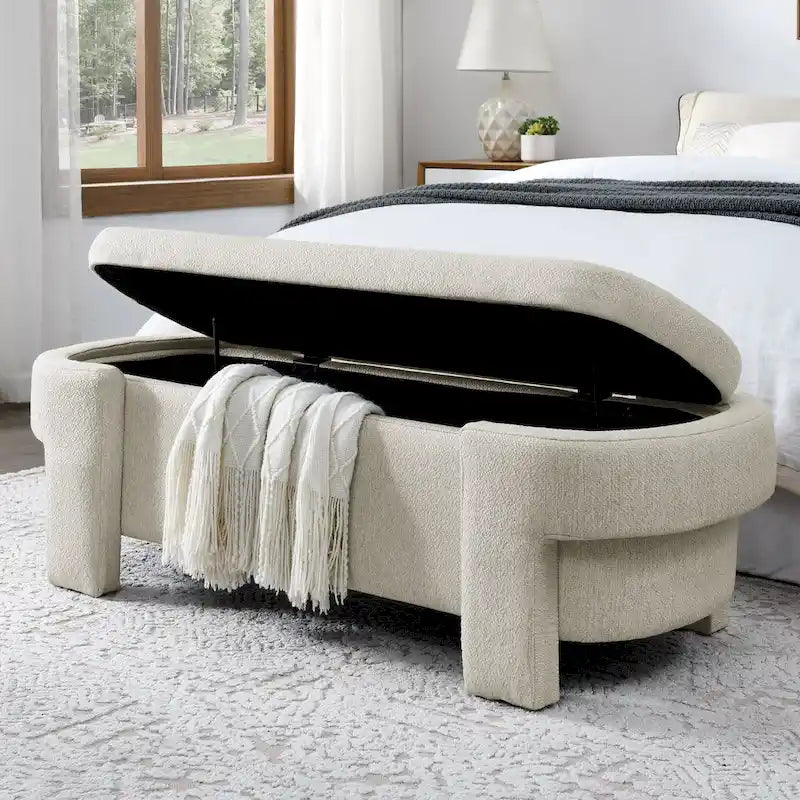 Chenille Upholstered Storage Bench with Turned Legs & Foam-Filled Seat