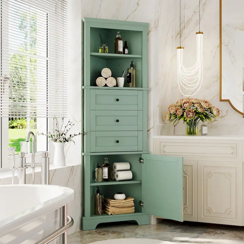 Tall Triangle Corner Storage Cabinet with Drawers & Adjustable Shelf