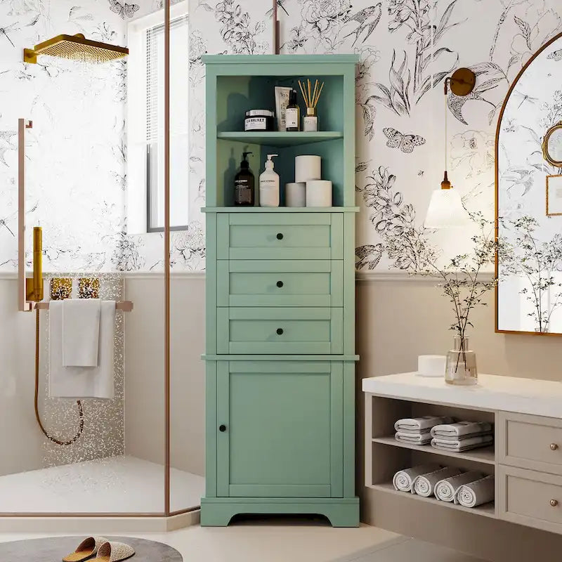 Tall Triangle Corner Storage Cabinet with Drawers & Adjustable Shelf