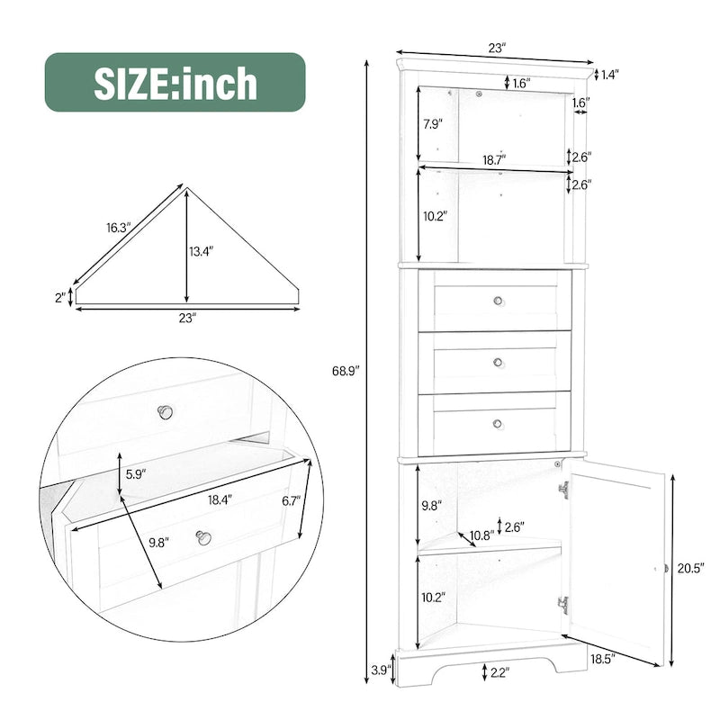 Tall Triangle Corner Storage Cabinet with Drawers & Adjustable Shelf
