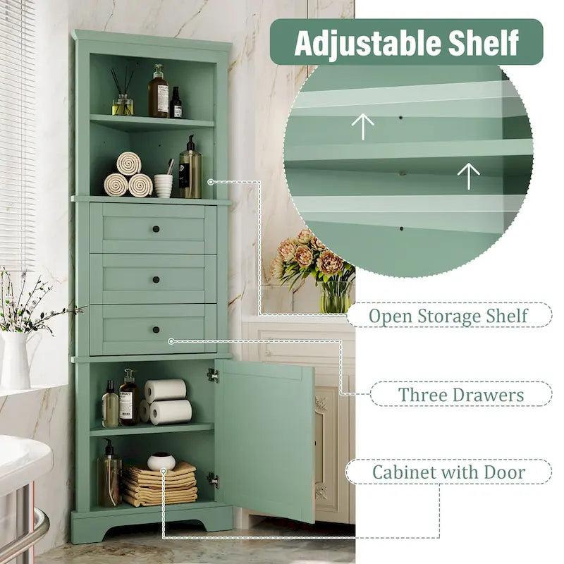 Tall Triangle Corner Storage Cabinet with Drawers & Adjustable Shelf