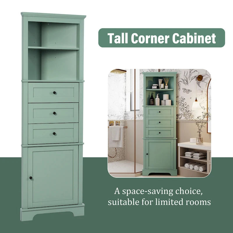 Tall Triangle Corner Storage Cabinet with Drawers & Adjustable Shelf