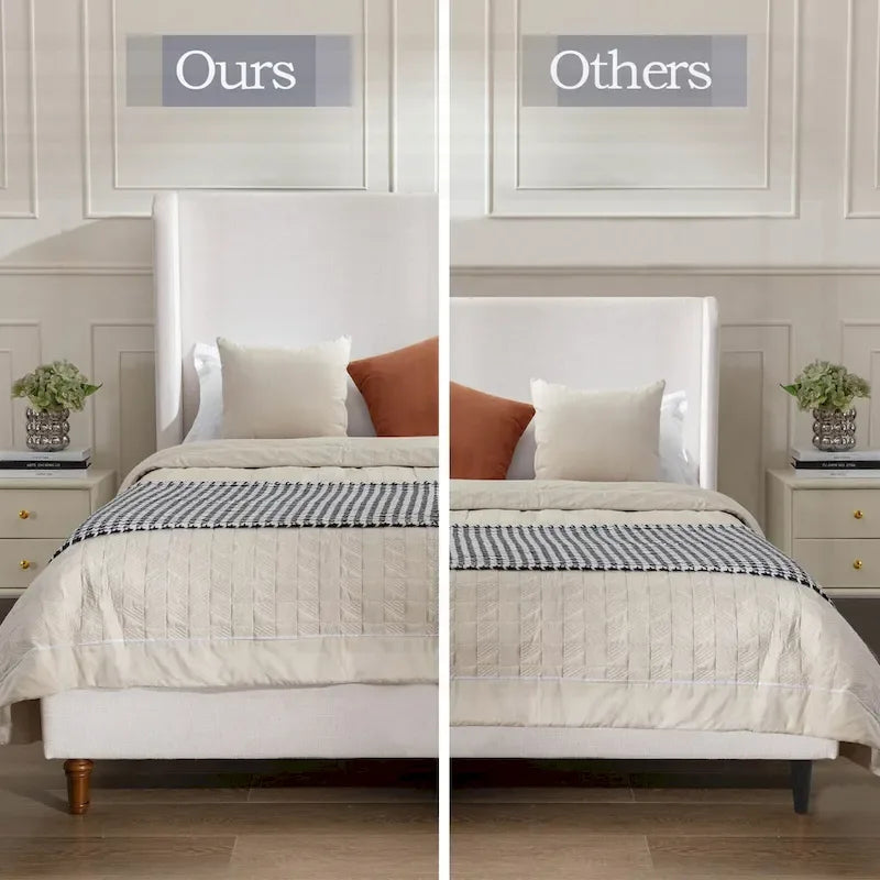 Wingback Upholstered Platform Bed with Curved Headboard and Walnut Wood Feet