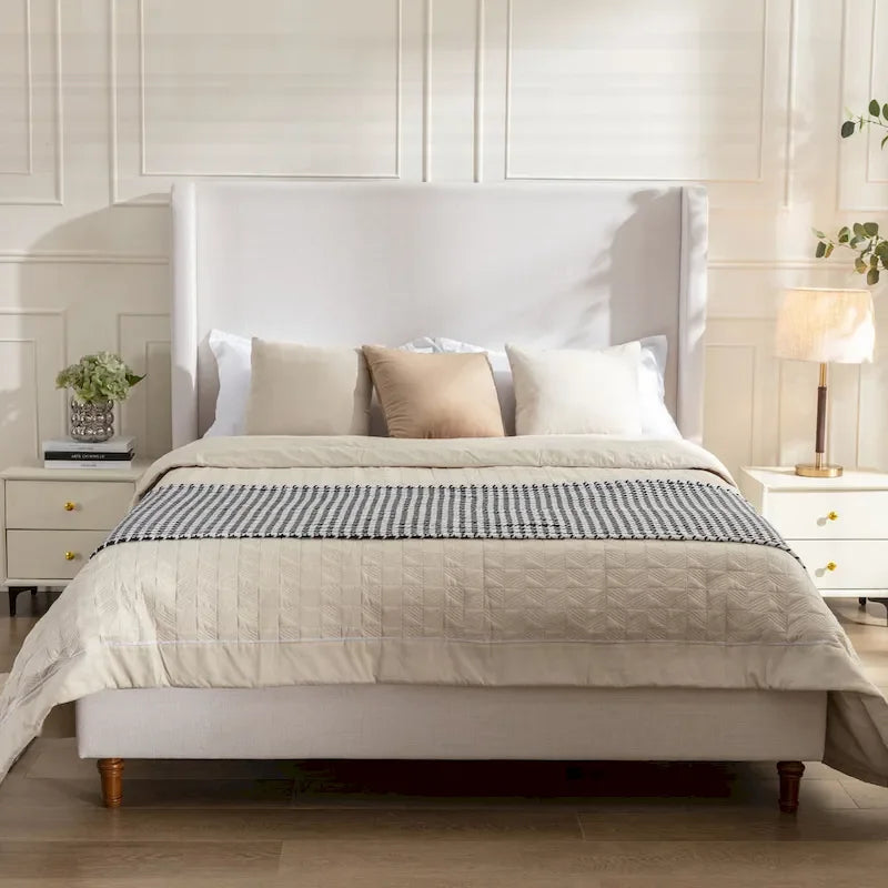 Wingback Upholstered Platform Bed with Curved Headboard and Walnut Wood Feet