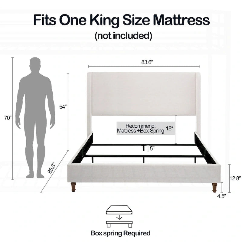 Wingback Upholstered Platform Bed with Curved Headboard and Walnut Wood Feet