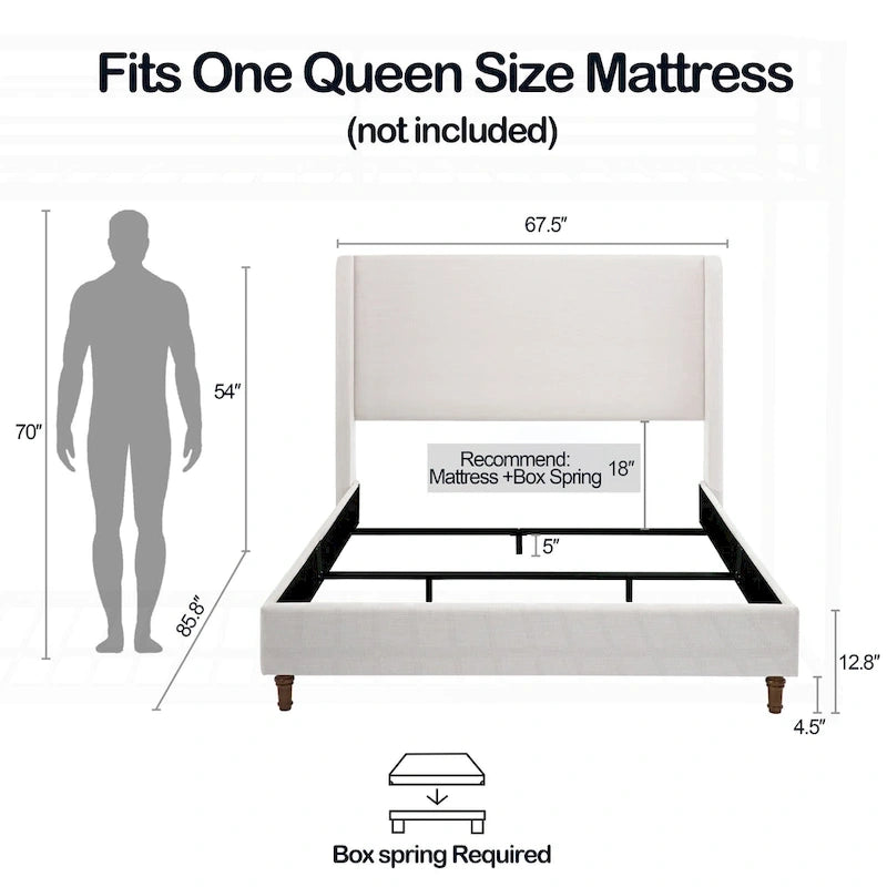 Wingback Upholstered Platform Bed with Curved Headboard and Walnut Wood Feet