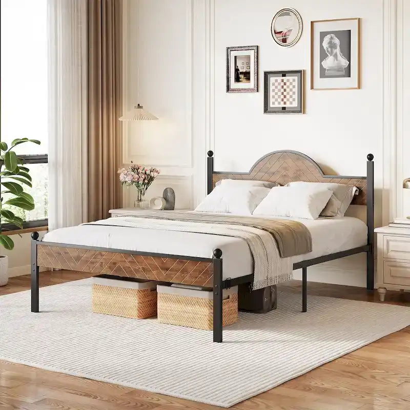 Rustic Industrial Queen Platform Bed Frame with Wood Headboard & Footboard