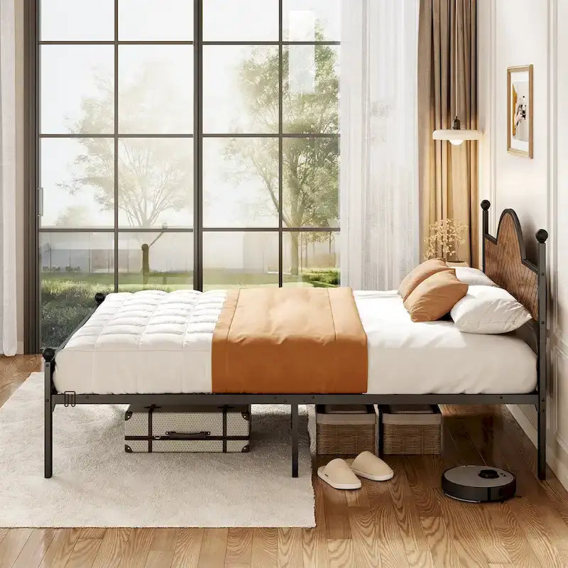 Rustic Industrial Queen Platform Bed Frame with Wood Headboard & Footboard