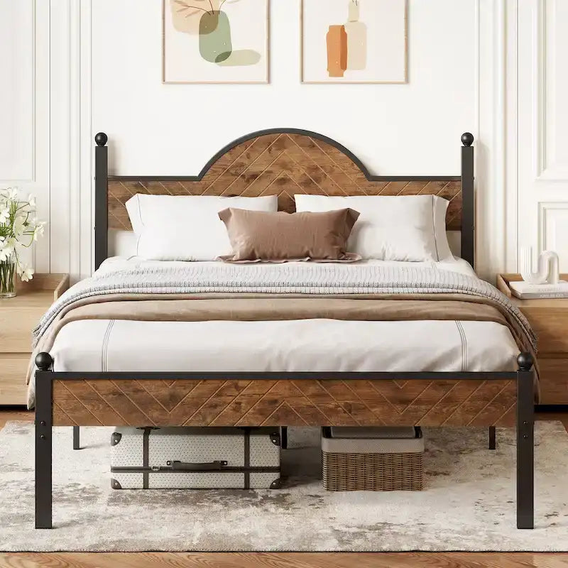 Rustic Industrial Queen Platform Bed Frame with Wood Headboard & Footboard