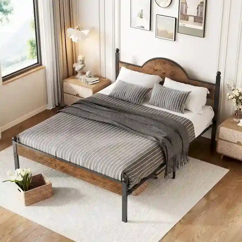 Rustic Industrial Queen Platform Bed Frame with Wood Headboard & Footboard