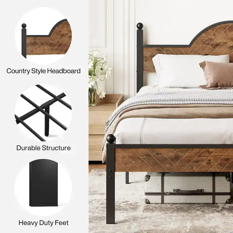 Rustic Industrial Queen Platform Bed Frame with Wood Headboard & Footboard