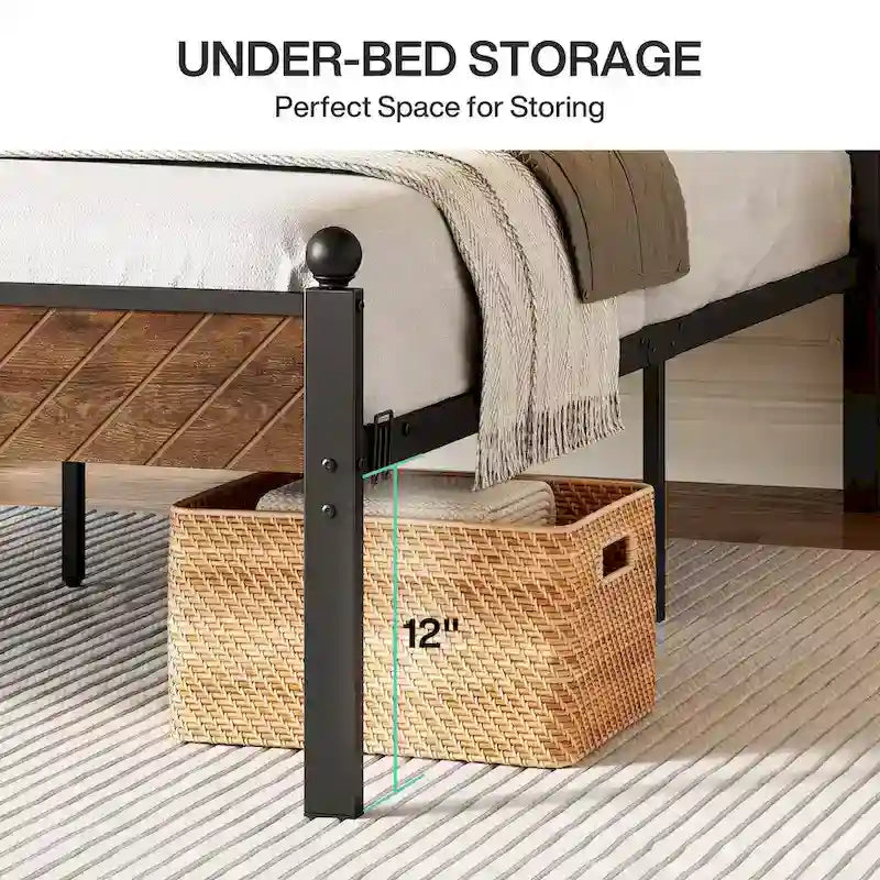 Rustic Industrial Queen Platform Bed Frame with Wood Headboard & Footboard