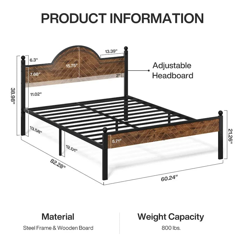 Rustic Industrial Queen Platform Bed Frame with Wood Headboard & Footboard