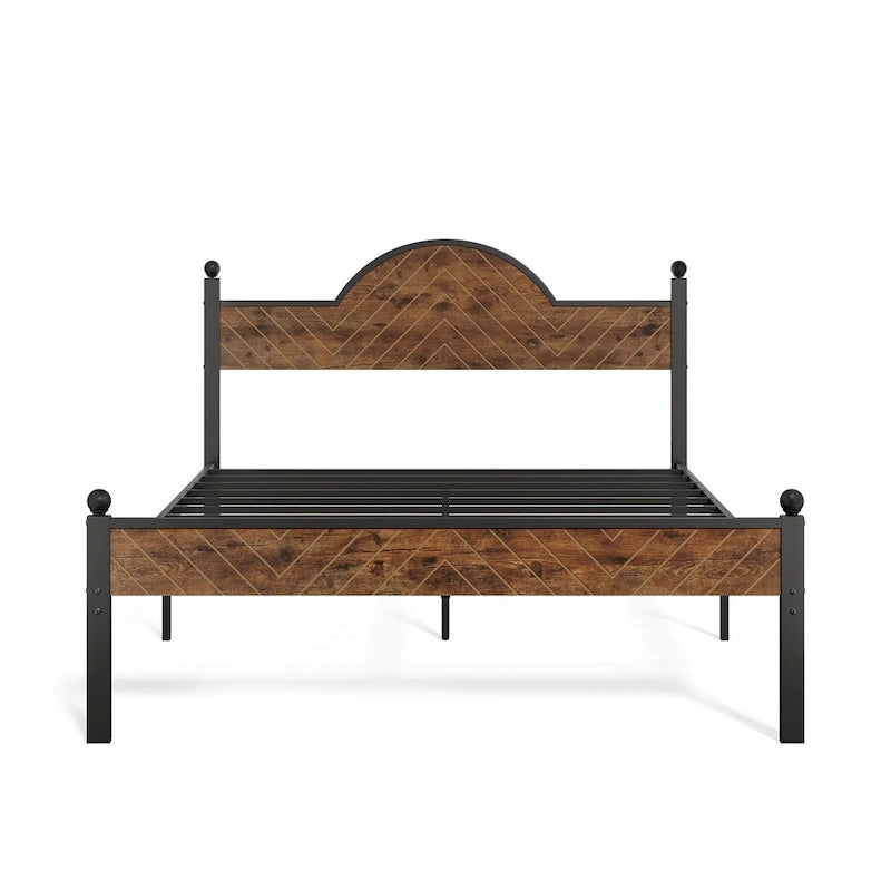Rustic Industrial Queen Platform Bed Frame with Wood Headboard & Footboard