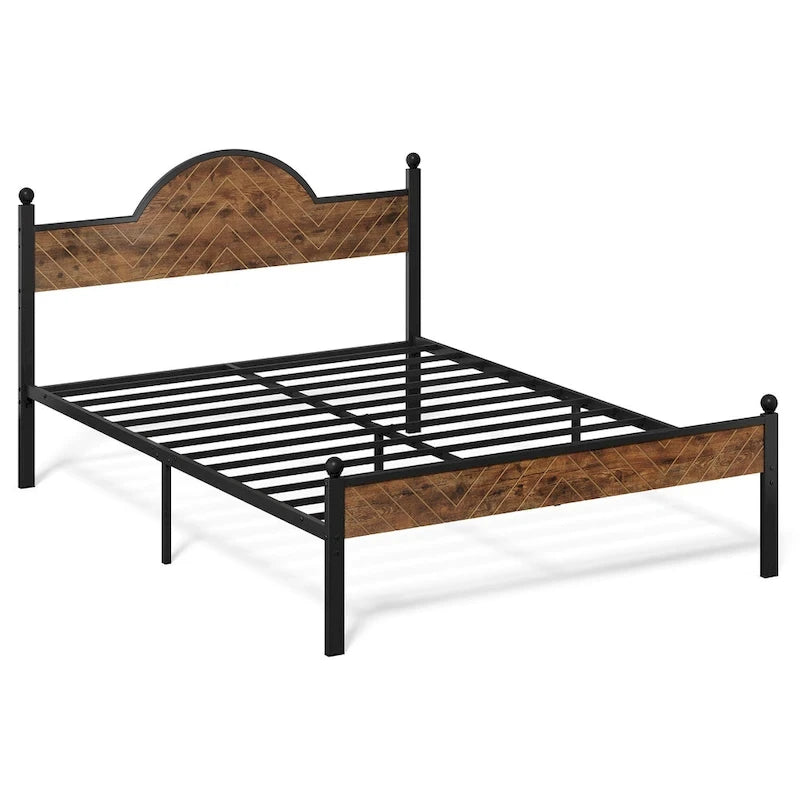 Rustic Industrial Queen Platform Bed Frame with Wood Headboard & Footboard