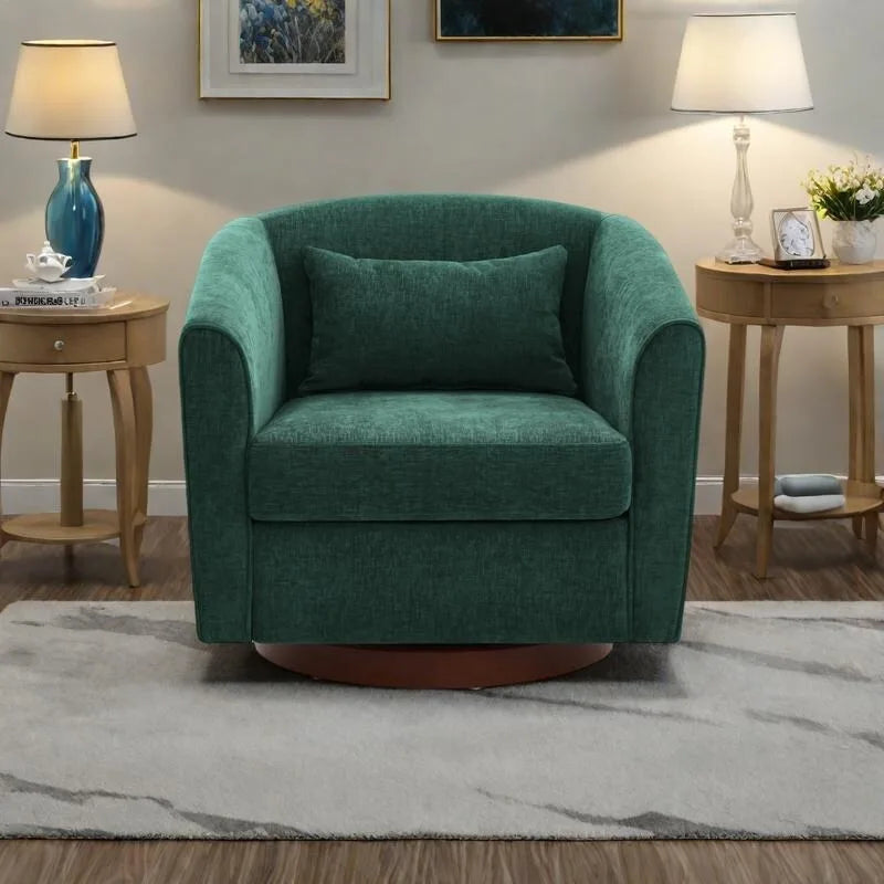 Chenille Upholstered 360° Swivel Barrel Accent Chair with Wood Base