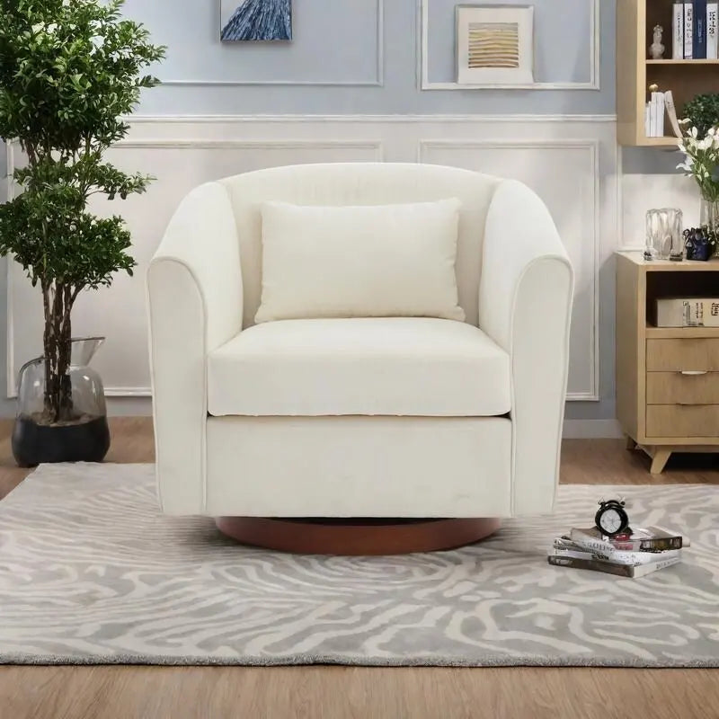 Chenille Upholstered 360° Swivel Barrel Accent Chair with Wood Base