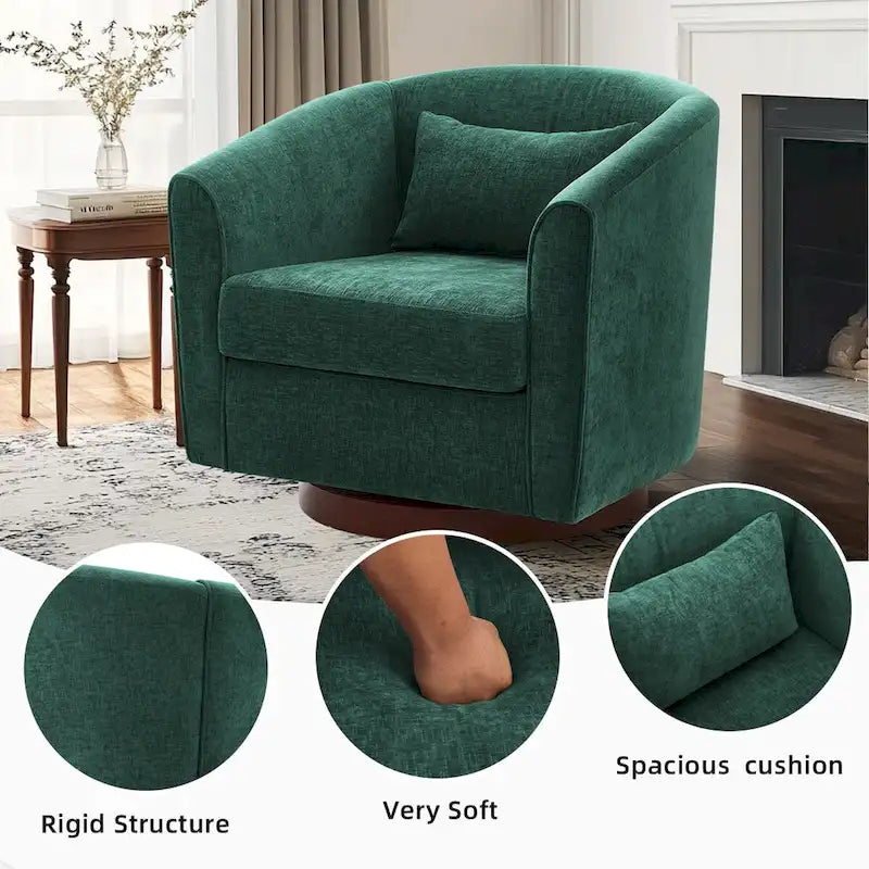 Chenille Upholstered 360° Swivel Barrel Accent Chair with Wood Base