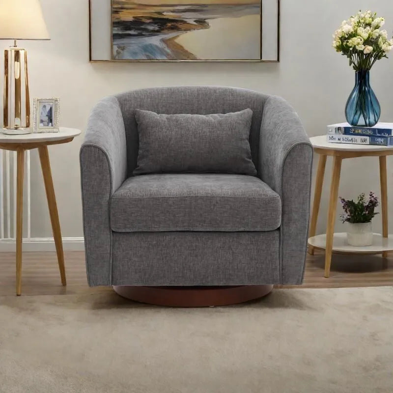Chenille Upholstered 360° Swivel Barrel Accent Chair with Wood Base