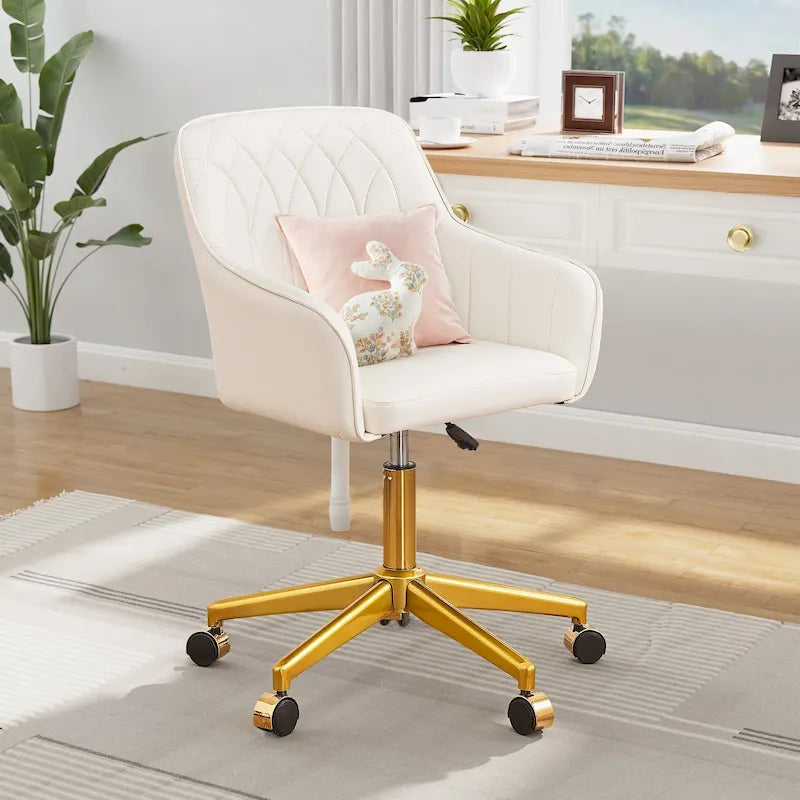 Height-Adjustable 360° Swivel Home Office Chair with Gold Metal Base & PU Leather Seat