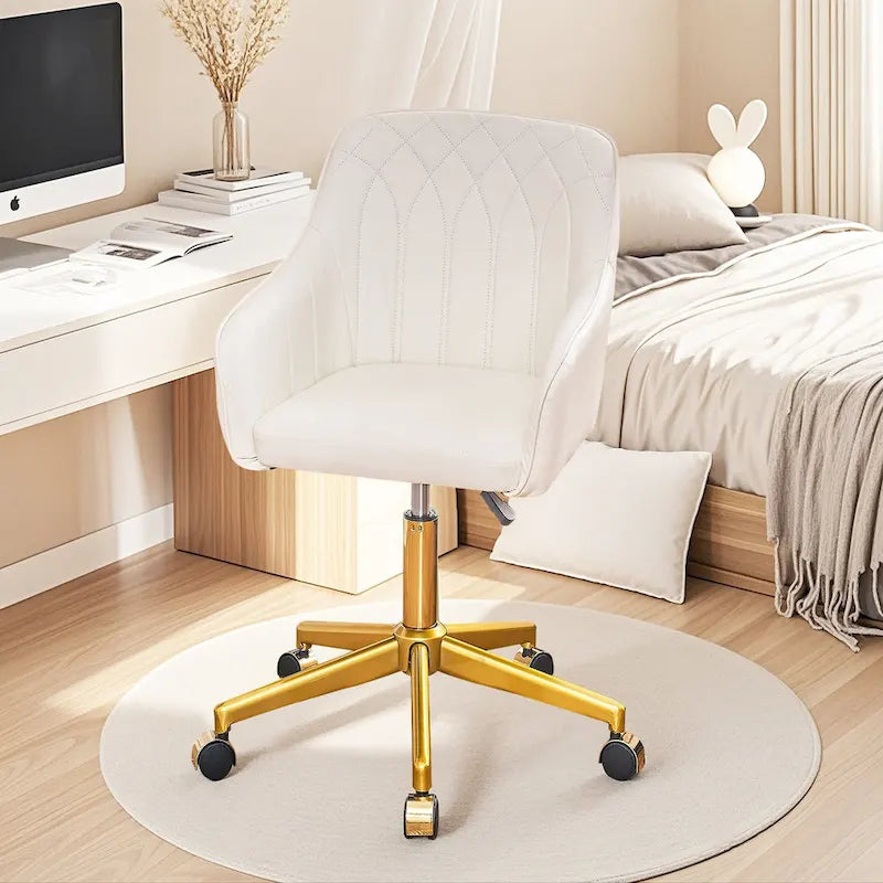Height-Adjustable 360° Swivel Home Office Chair with Gold Metal Base & PU Leather Seat